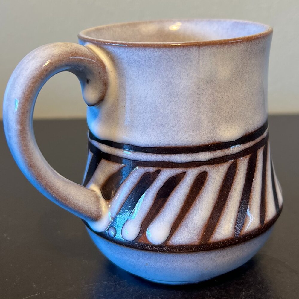 Vintage Handcrafted Stoneware Pottery Mug White Icing Glaze Diagonal Striping